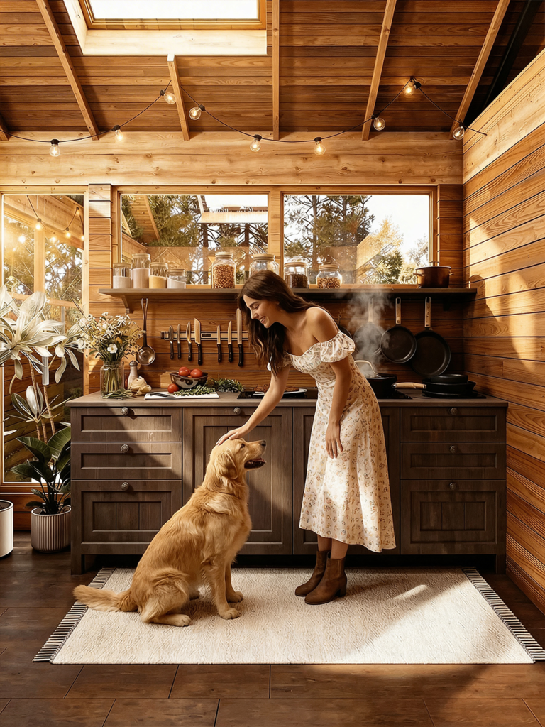 Köök avarate akendega, vürtsipurkidega riiul, naine koeraga.